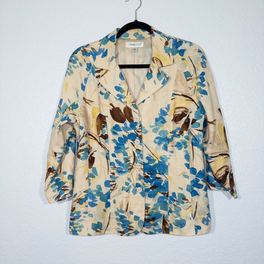 Coldwater Creek Tan Floral Linen Blend Button Front Blazer Size Medium‎